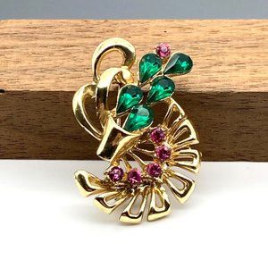 Vintage Blooming Cactus Brooch, Bright Floral Green and Pink Crystals on Gold